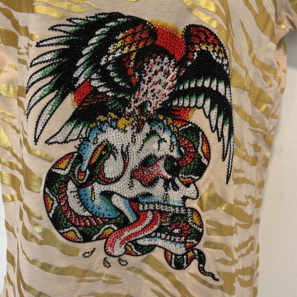 Deadstock Gold Foil Animal Print Tee Rhinestone Embellished Des… - Picture 3 of 6